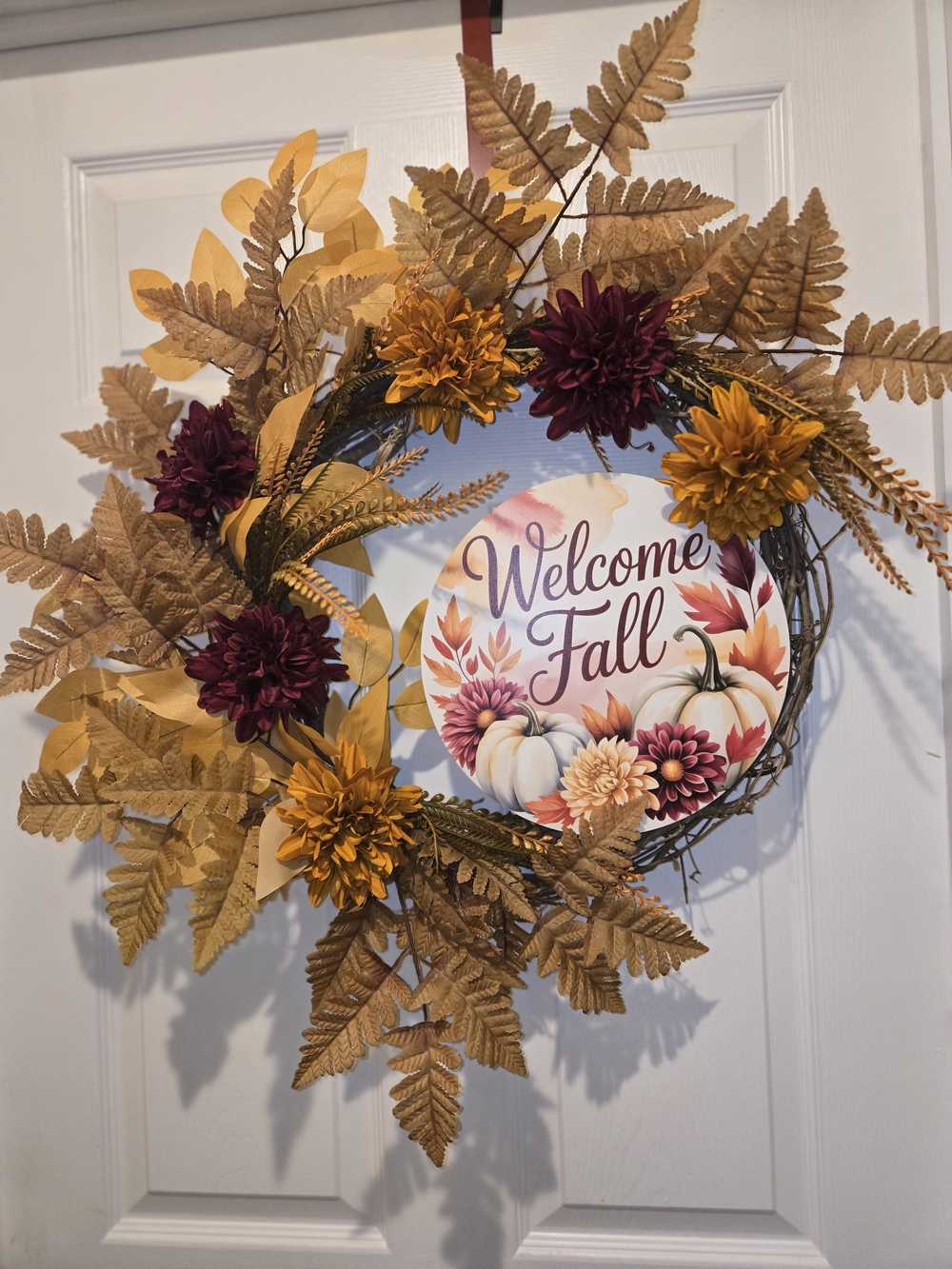 Welcome Fall Door Wreath with Gold and Burgundy Floral Accents